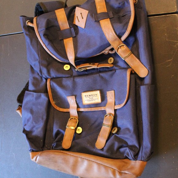 Benrus Blue/Tan Drawstring Top Snap Outdoor Backpack 17 in Rucksack (123) - Picture 1 of 2